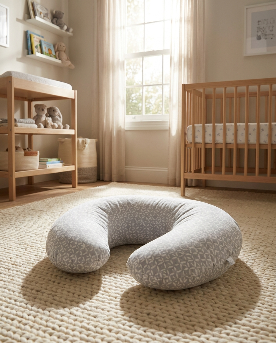 Infant support pillow in a bright nursery
