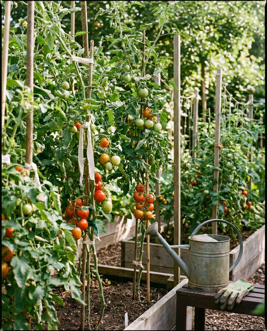 Plant strappers supporting tomato plants in a garden
