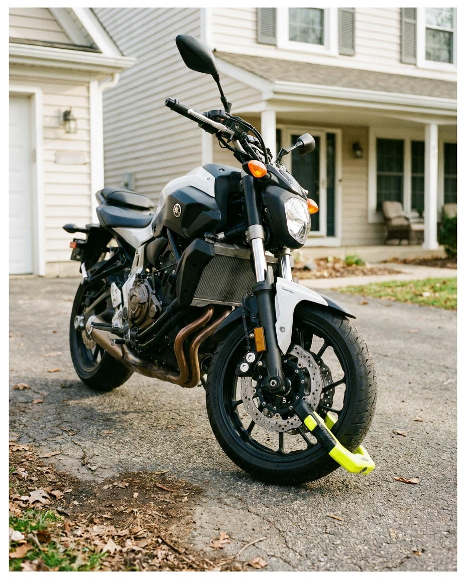 Motorcycle disc lock alarm on a parked motorcycle