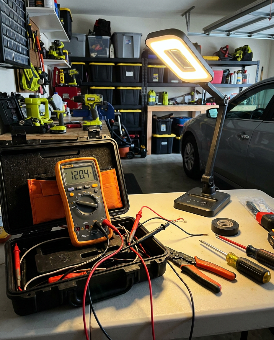 Electrical test kit with digital multimeter in a garage workshop