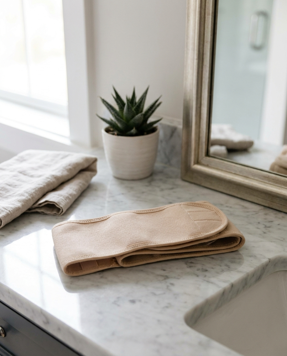 Pregnancy support belt on a bathroom counter