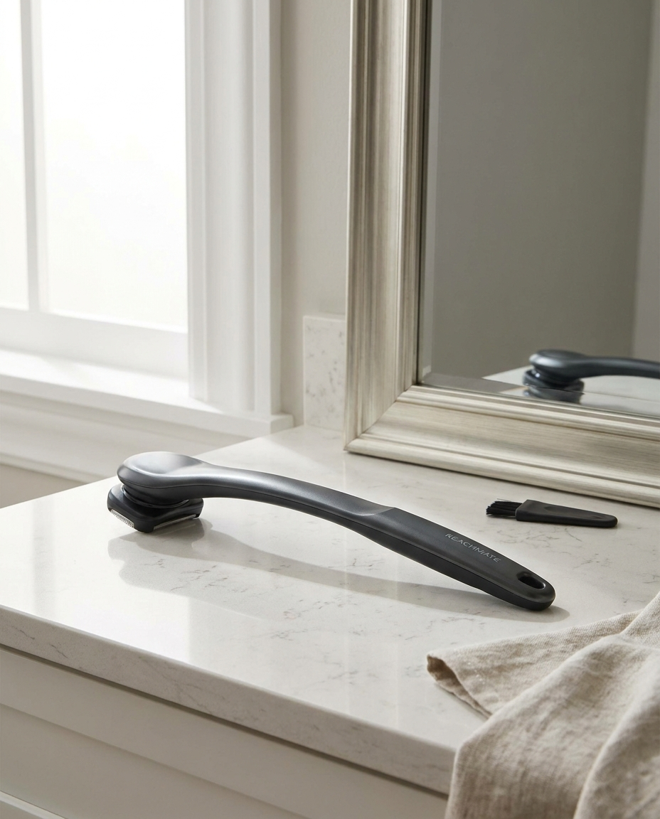 Extended-reach back shaver on a bathroom counter