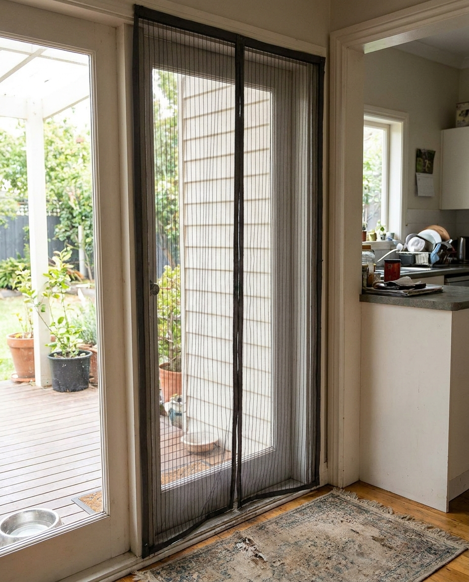 Magnetic mesh screen installed on a door frame