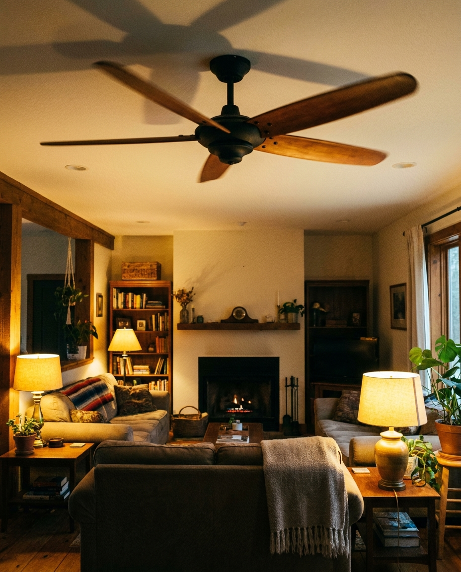 Ceiling-mounted fan in a cozy living room