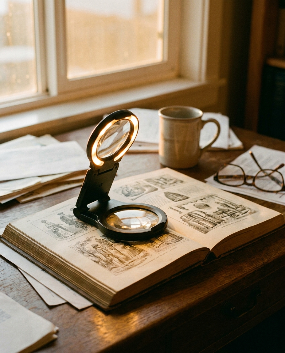 Foldable LED magnifying glass on a desk