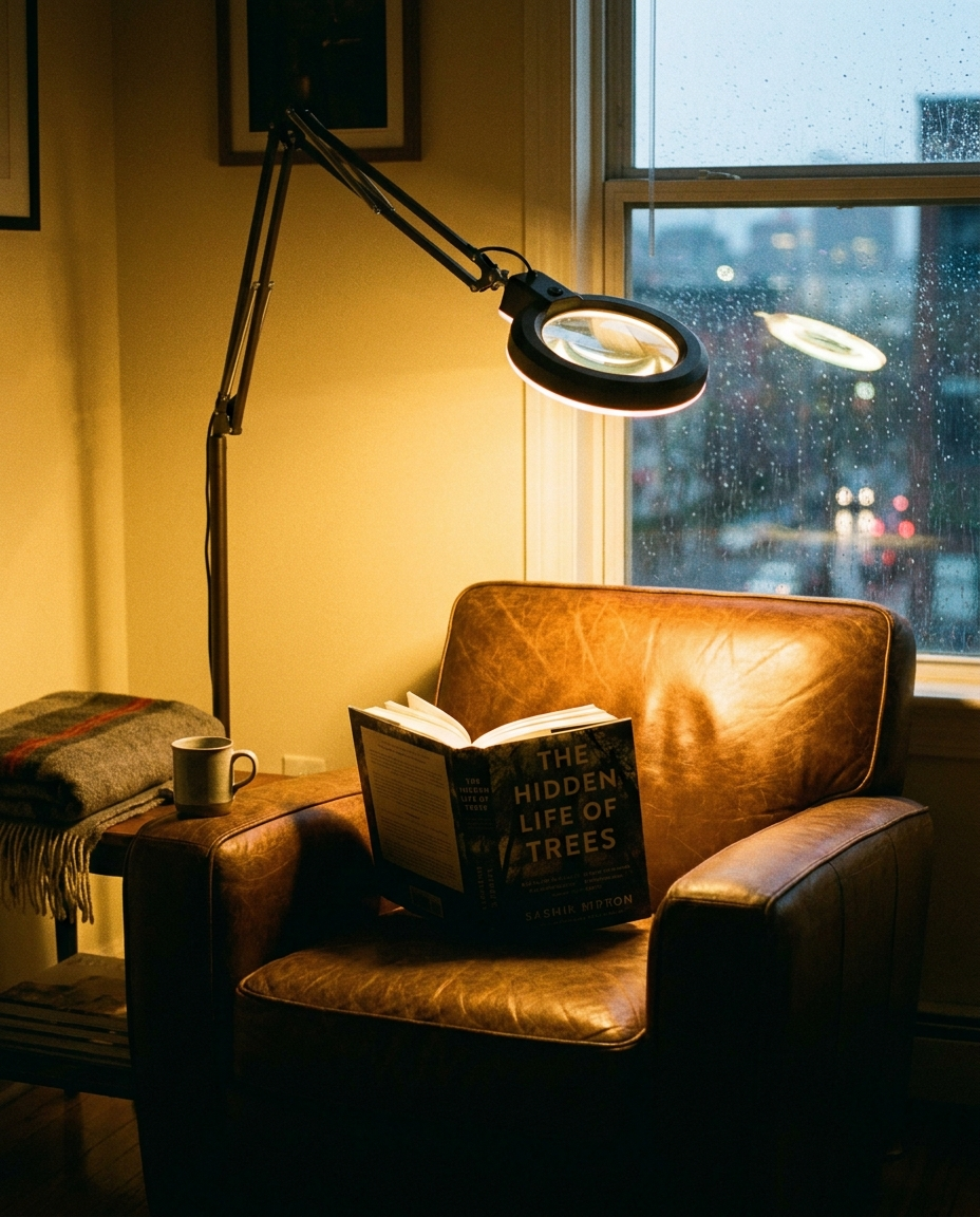 Full-page floor magnifying lamp beside an armchair