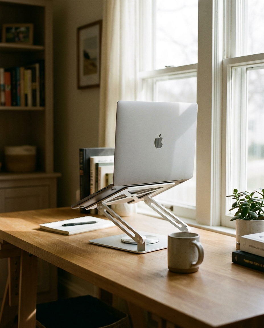 Rotating laptop stand holding a laptop on a desk