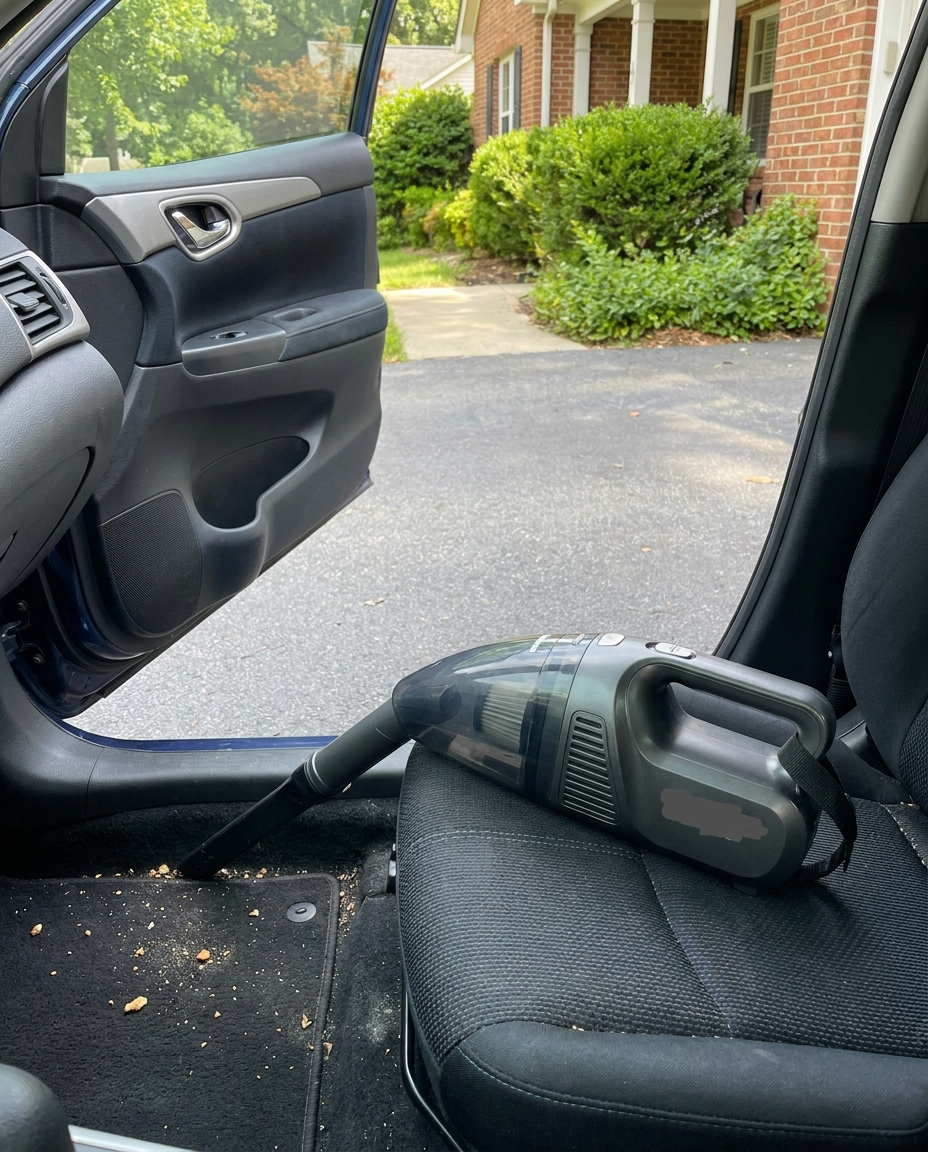 Cordless car vacuum cleaner in use on a car interior