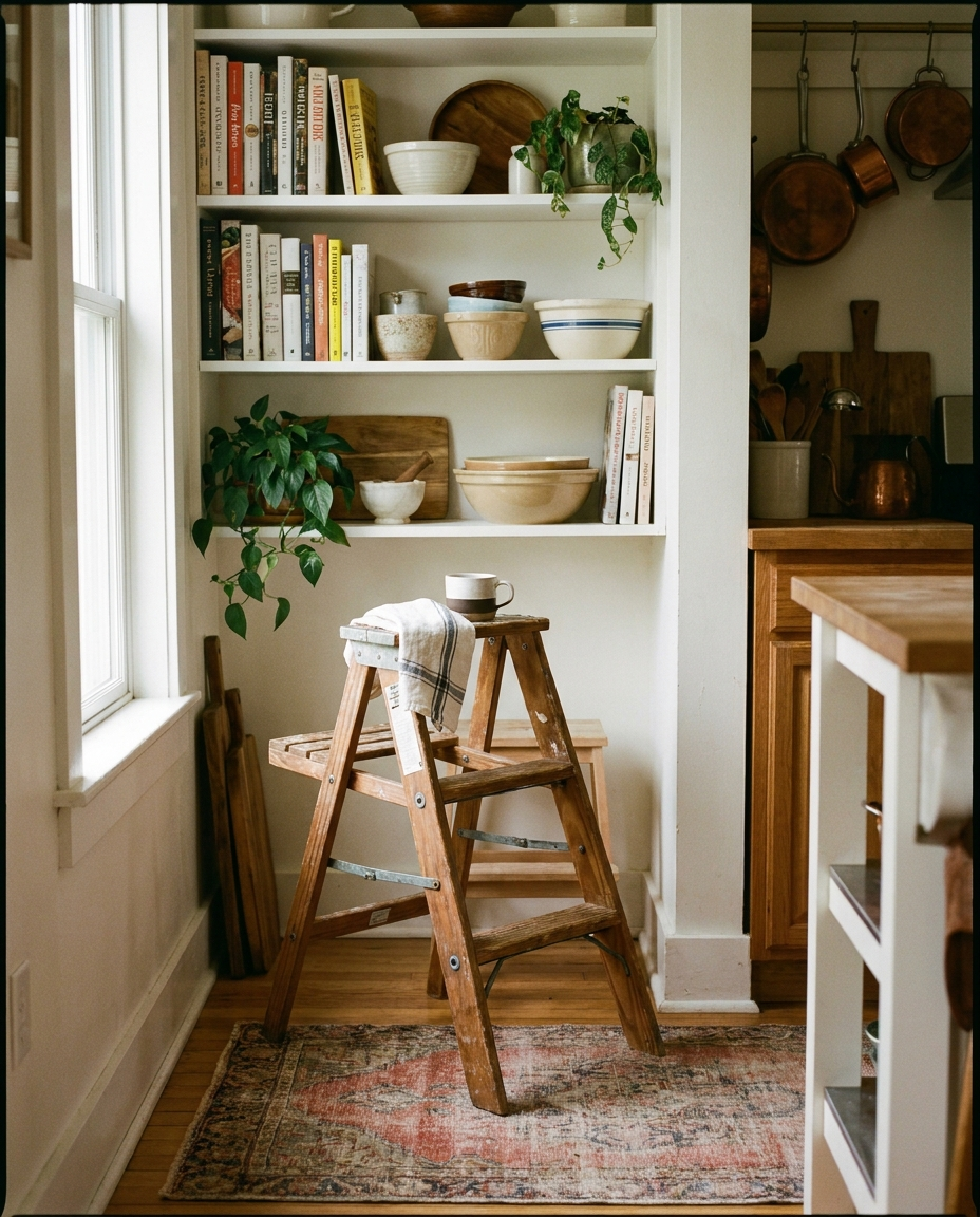 Folding step stool in a kitchen