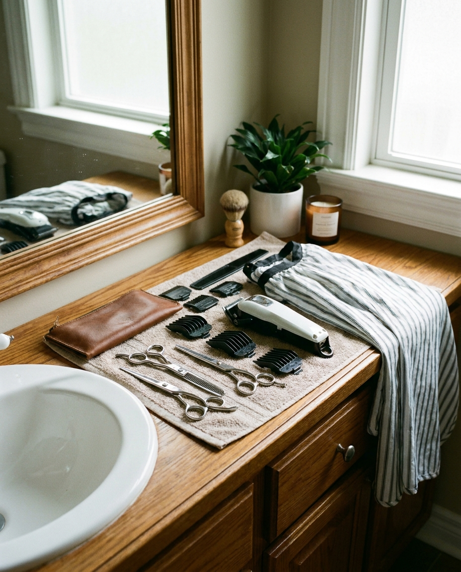 Professional haircutting set at a bathroom vanity