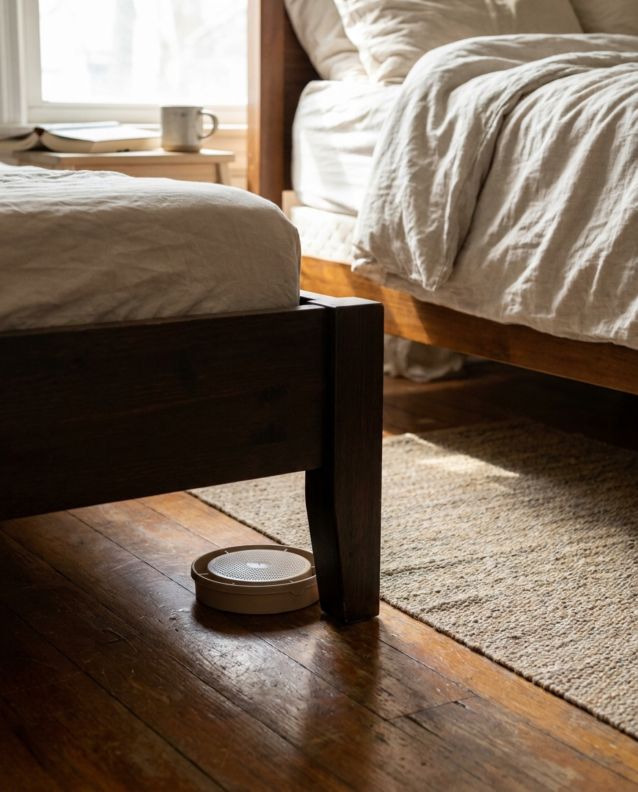 Indoor bed bug trap placed under a bed leg