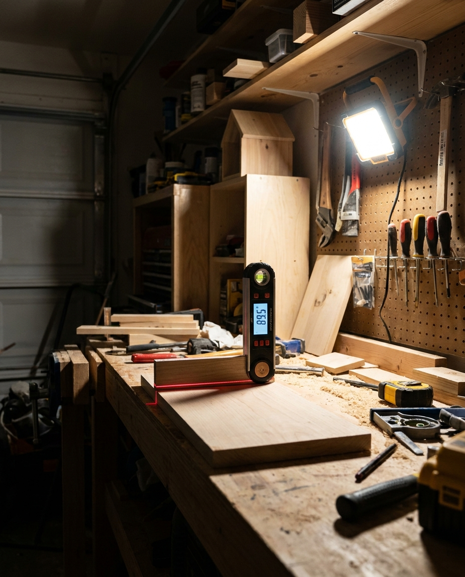 Digital angle finder with laser level in a workshop