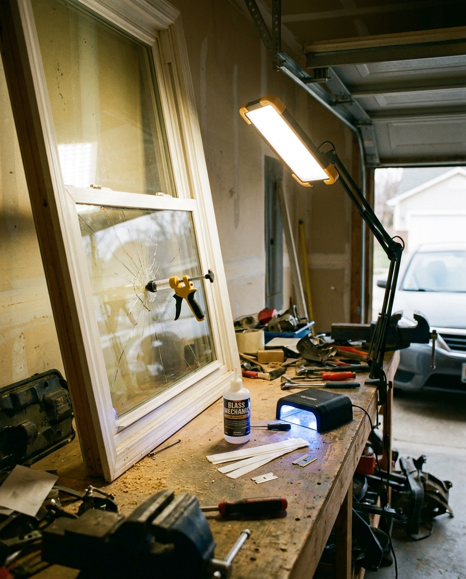 Glass crack repair kit used on a window pane