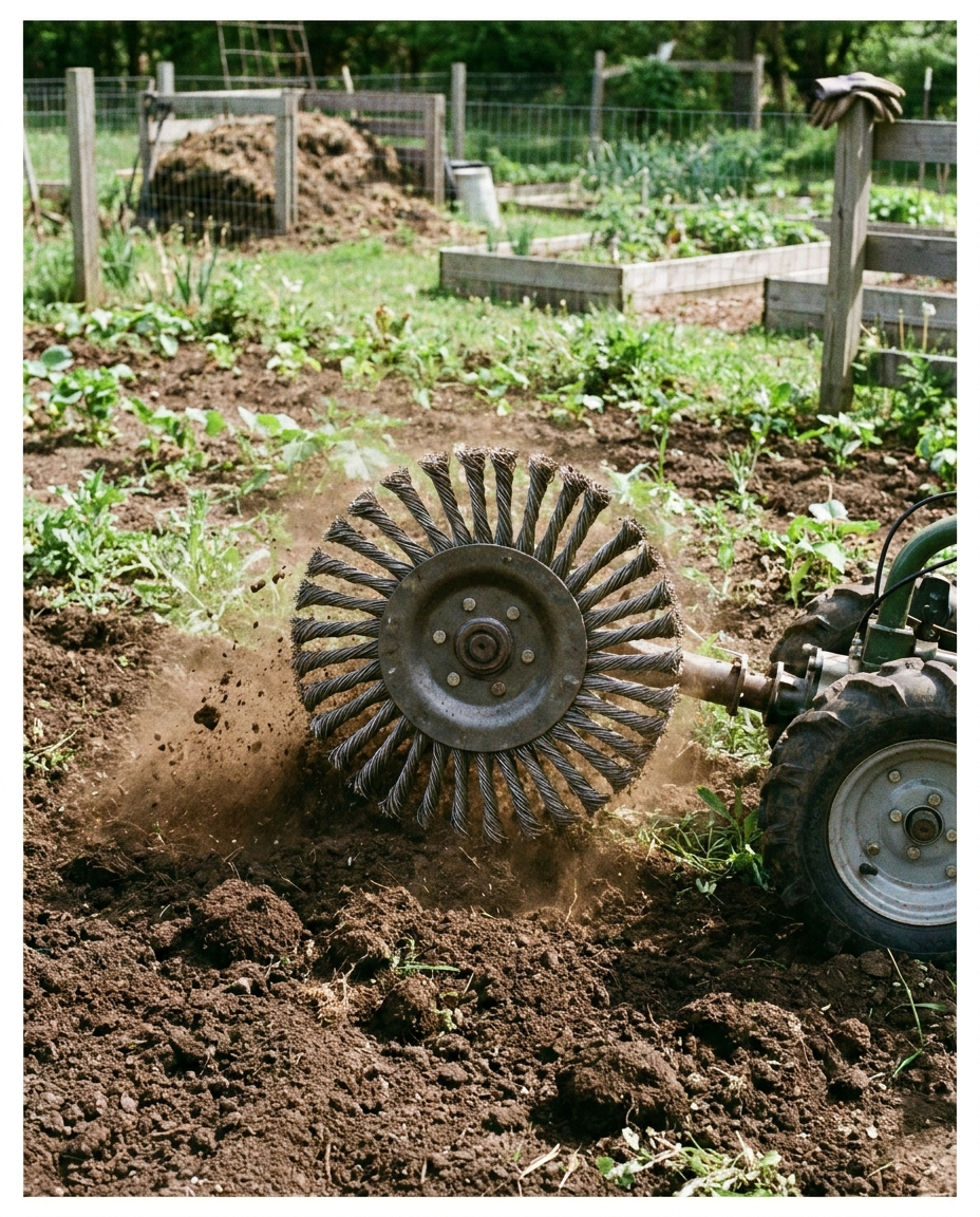 Heavy-duty wire weeding wheel used on garden soil