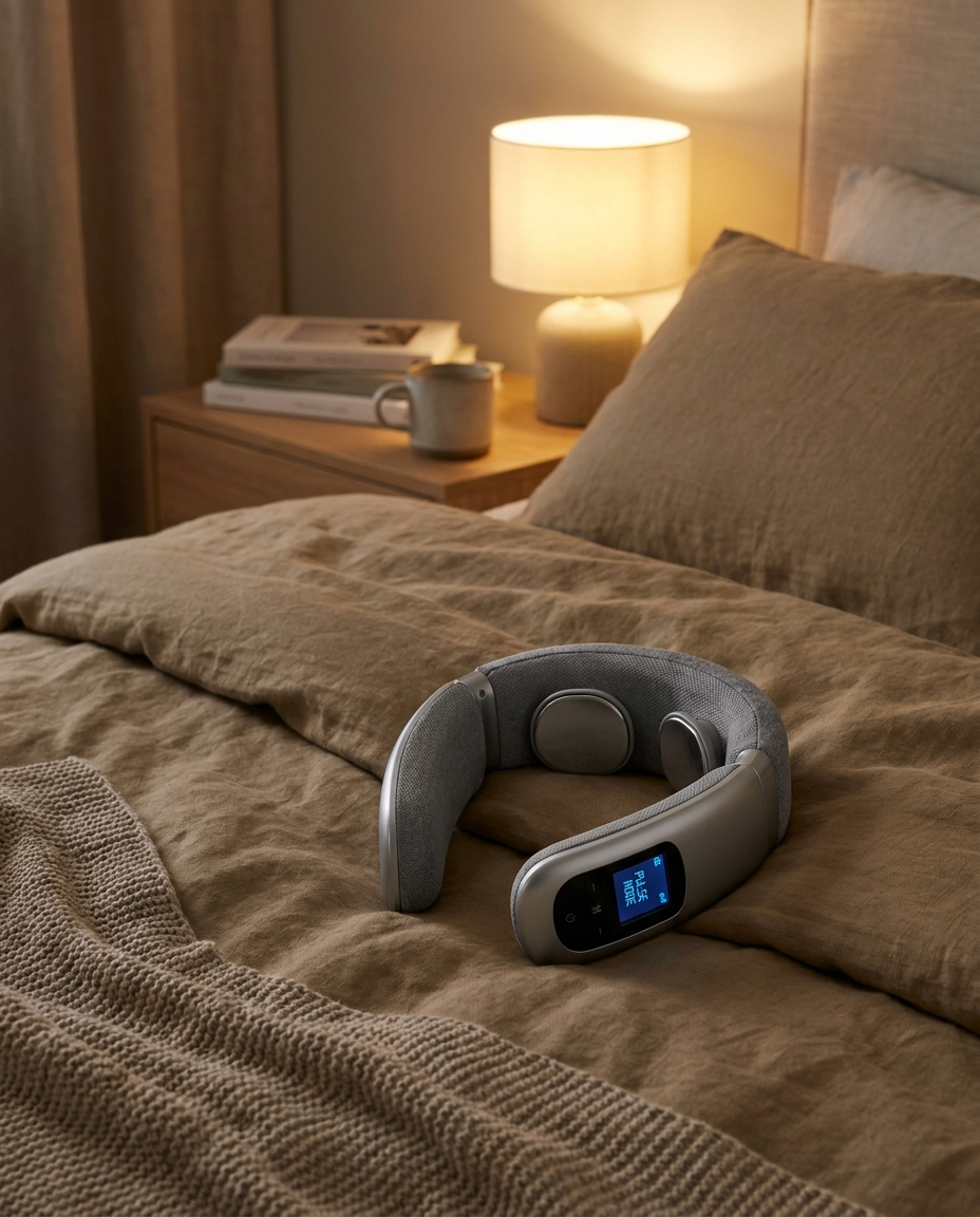 Neck massager resting on a bed in a bedroom