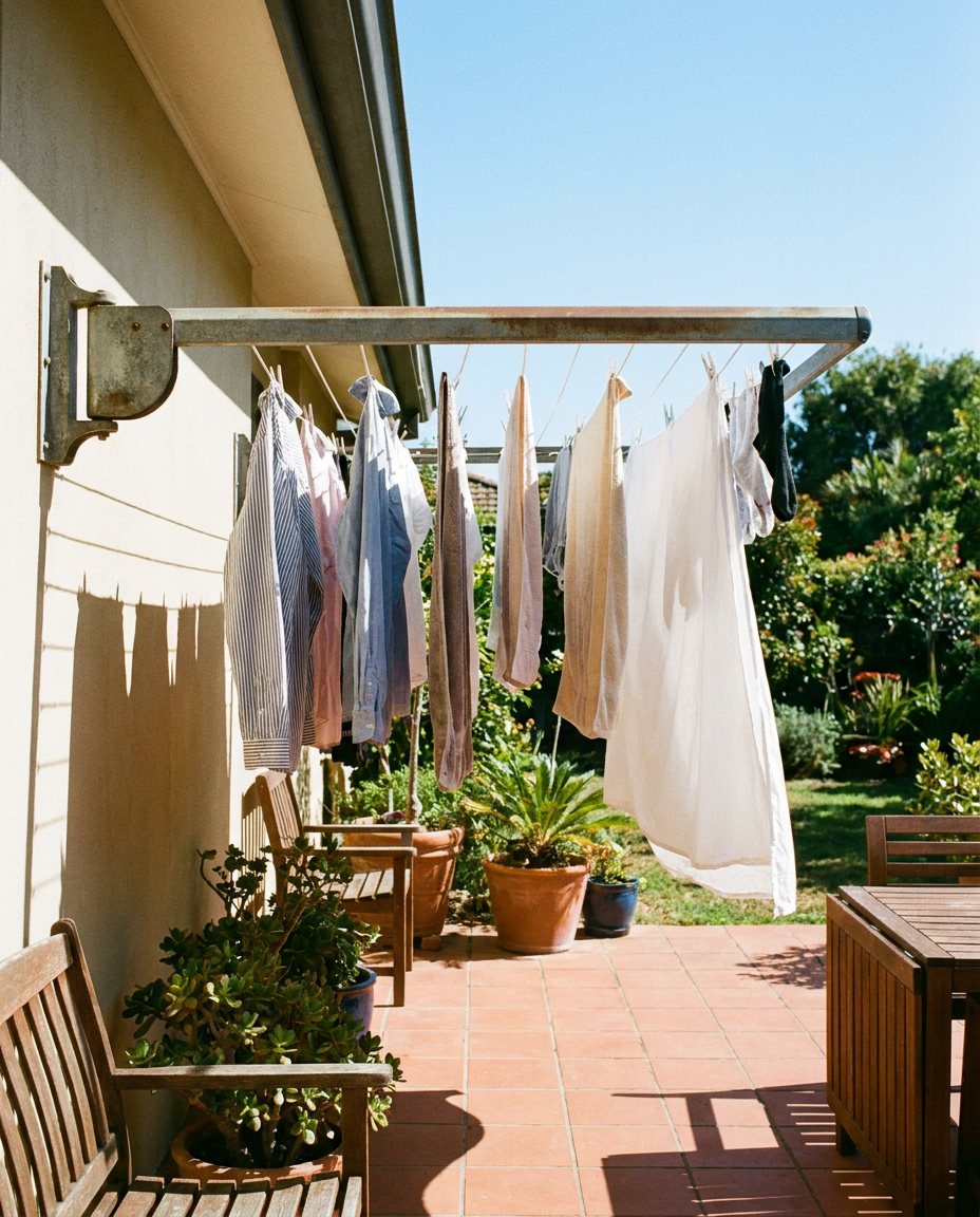 Retractable Washing Line with Swivel Wall Mount in use on an outdoor balcony