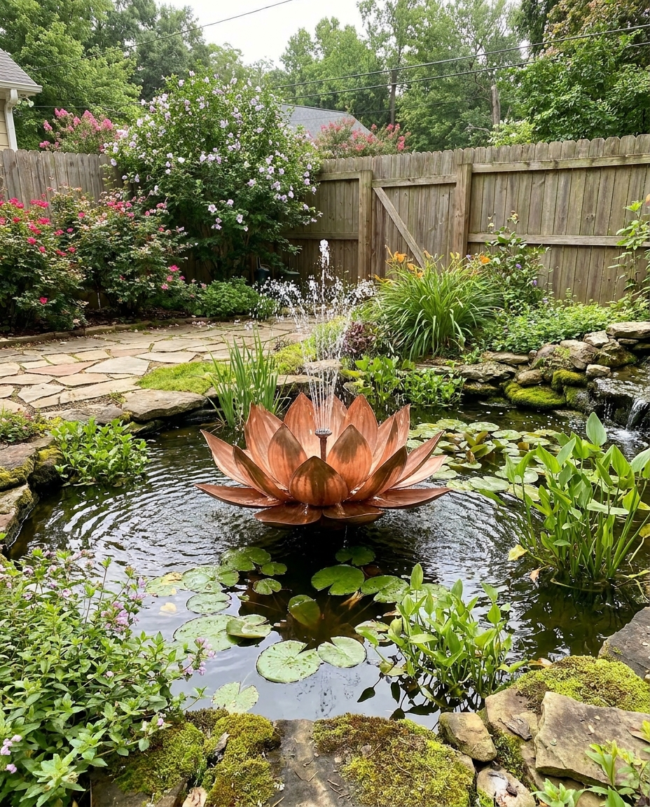 Flower-Shaped Water Fountain running in a home garden pond