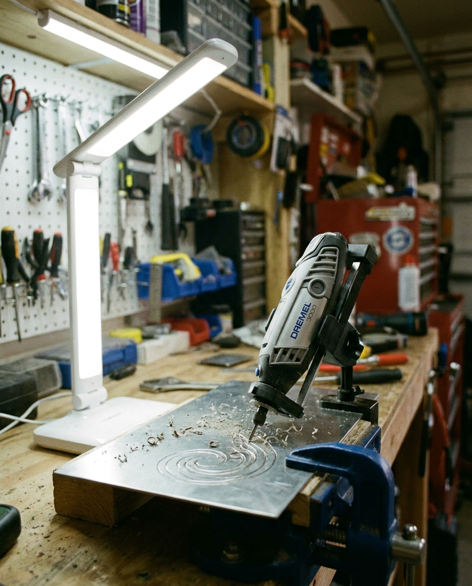 Cordless Engraving Pen in use in a home garage workshop