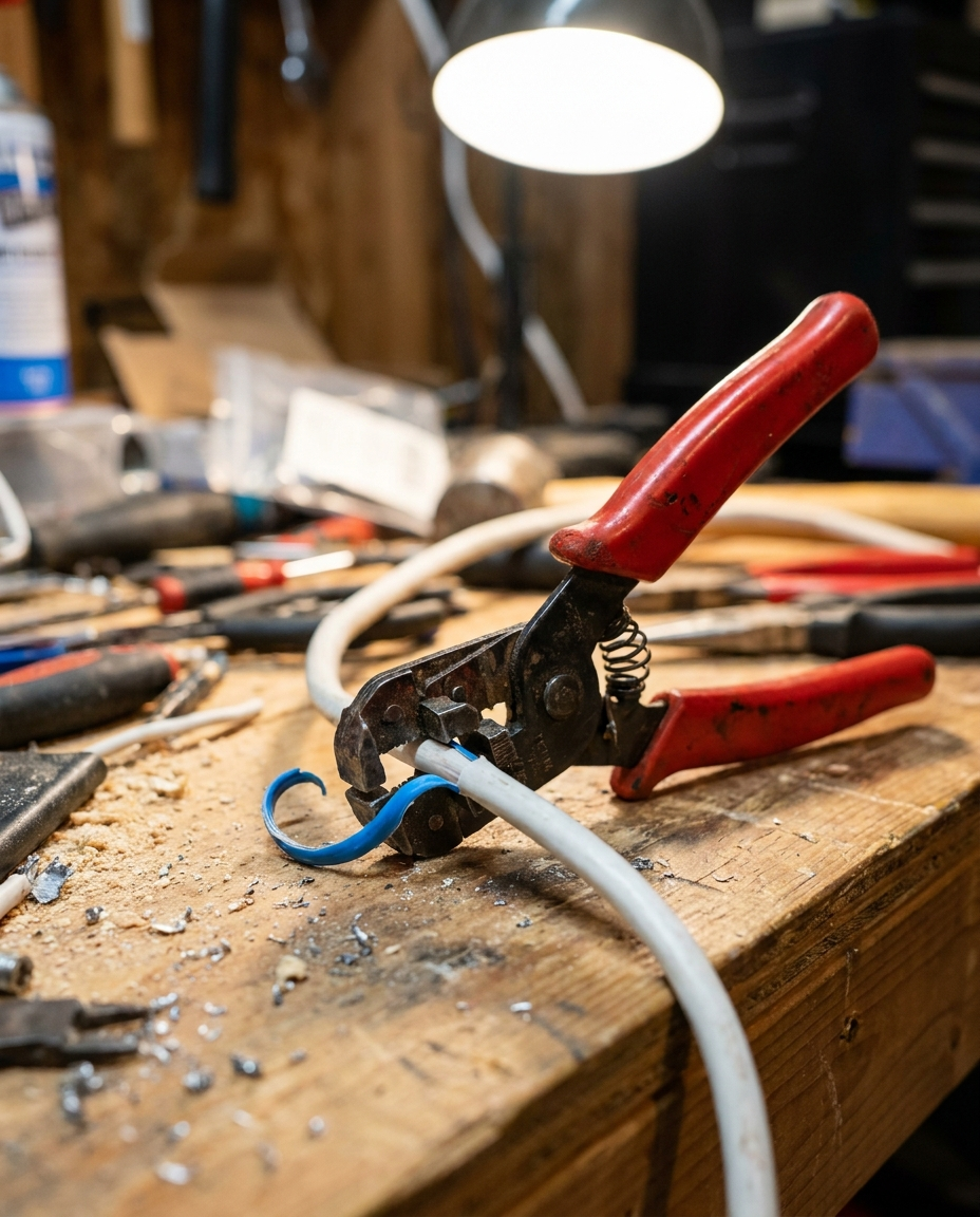 Manual Wire Stripper in use in a home garage workshop