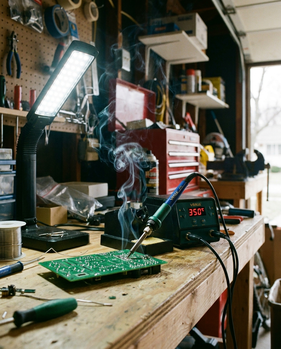 Digital Electric Soldering Iron Set in use in a home garage workshop