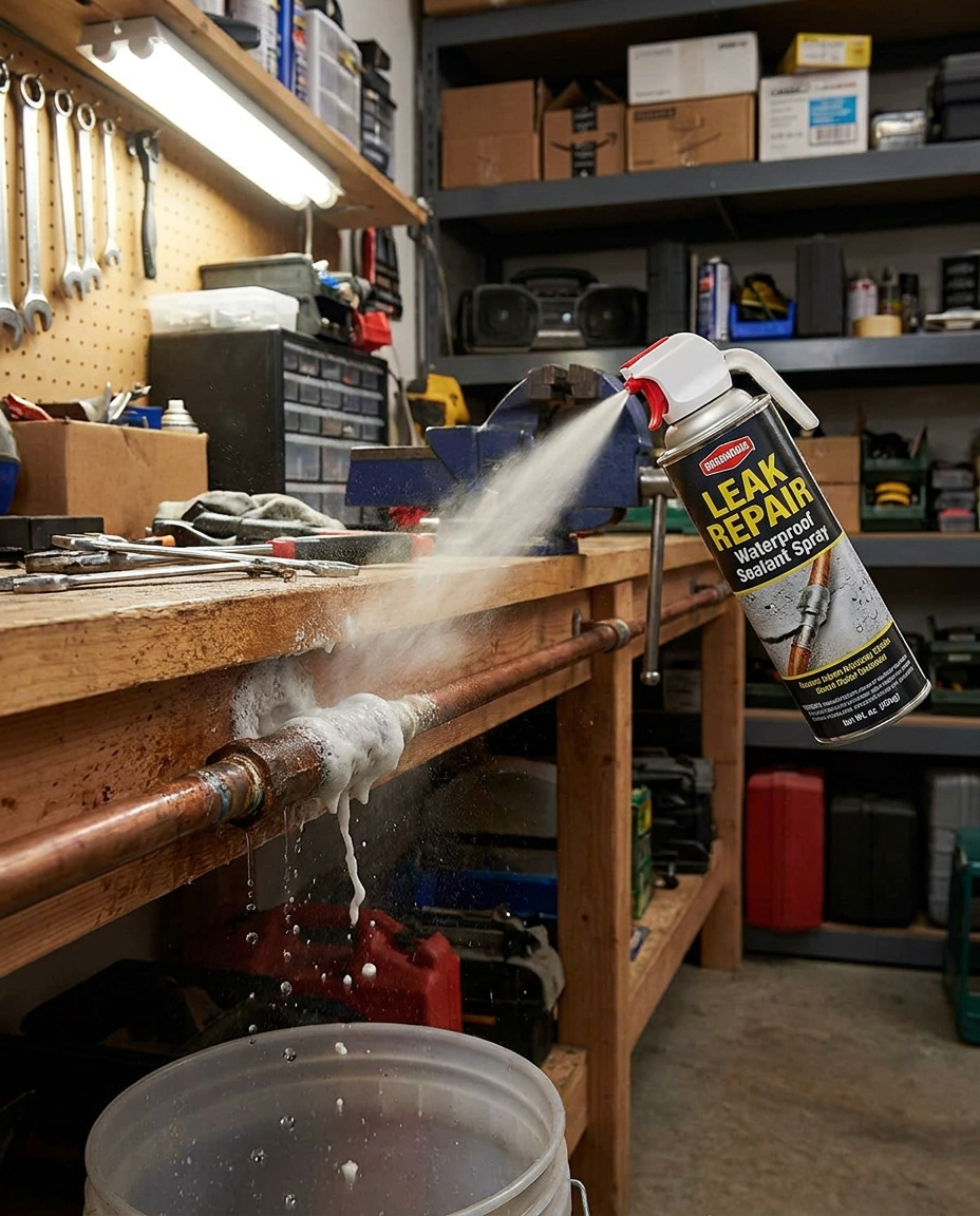 Leak Repair Waterproof Sealant Spray being applied to a pipe joint