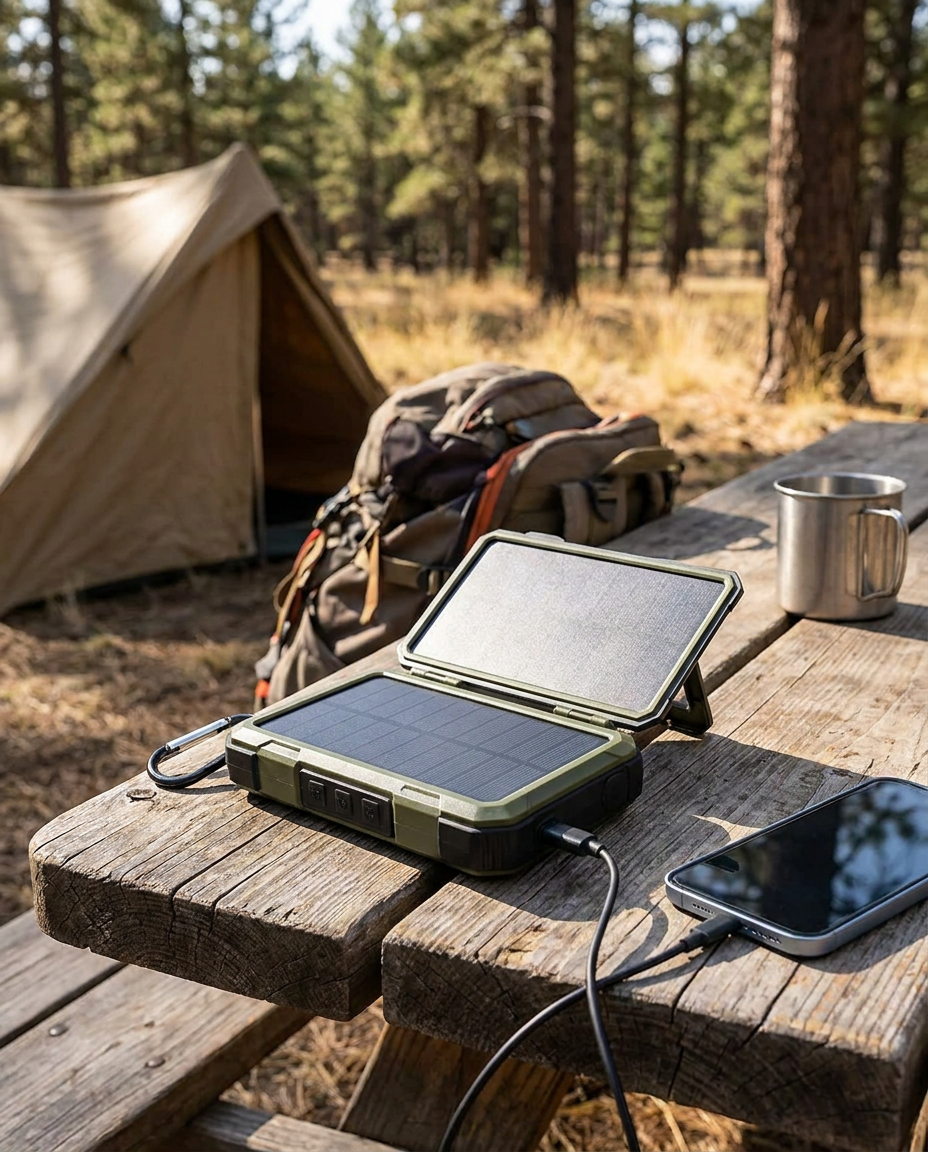 Solar Charger Waterproof Power Bank charging a phone outdoors while camping