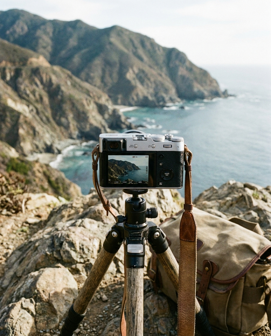 Compact Digital Camera with Retro Design in use outdoors capturing a scenic view