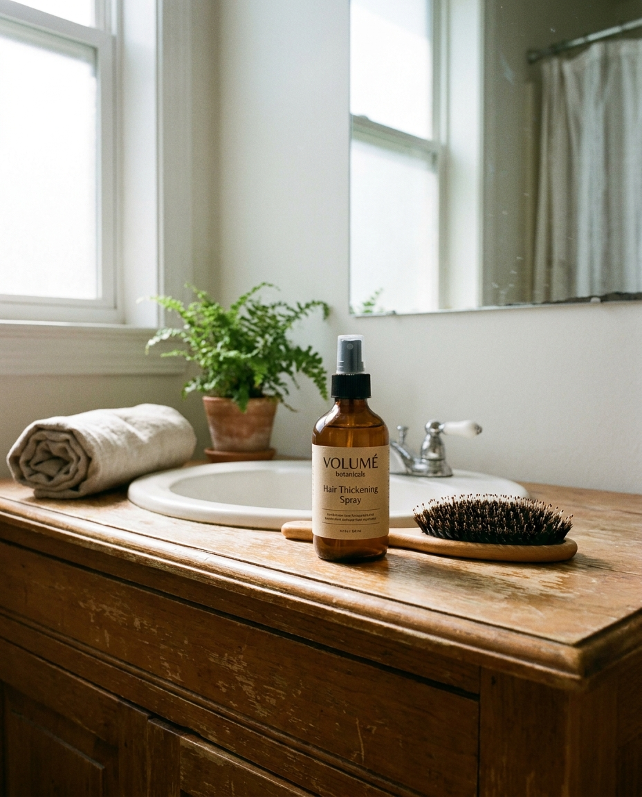 Hair Thickening Spray on a home bathroom vanity