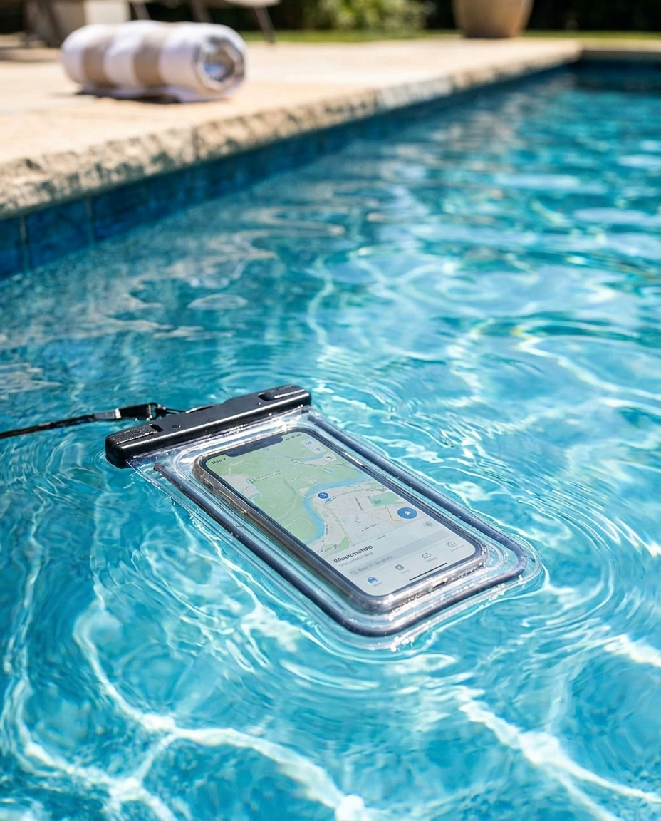 Waterproof Phone Pouch in use near a pool