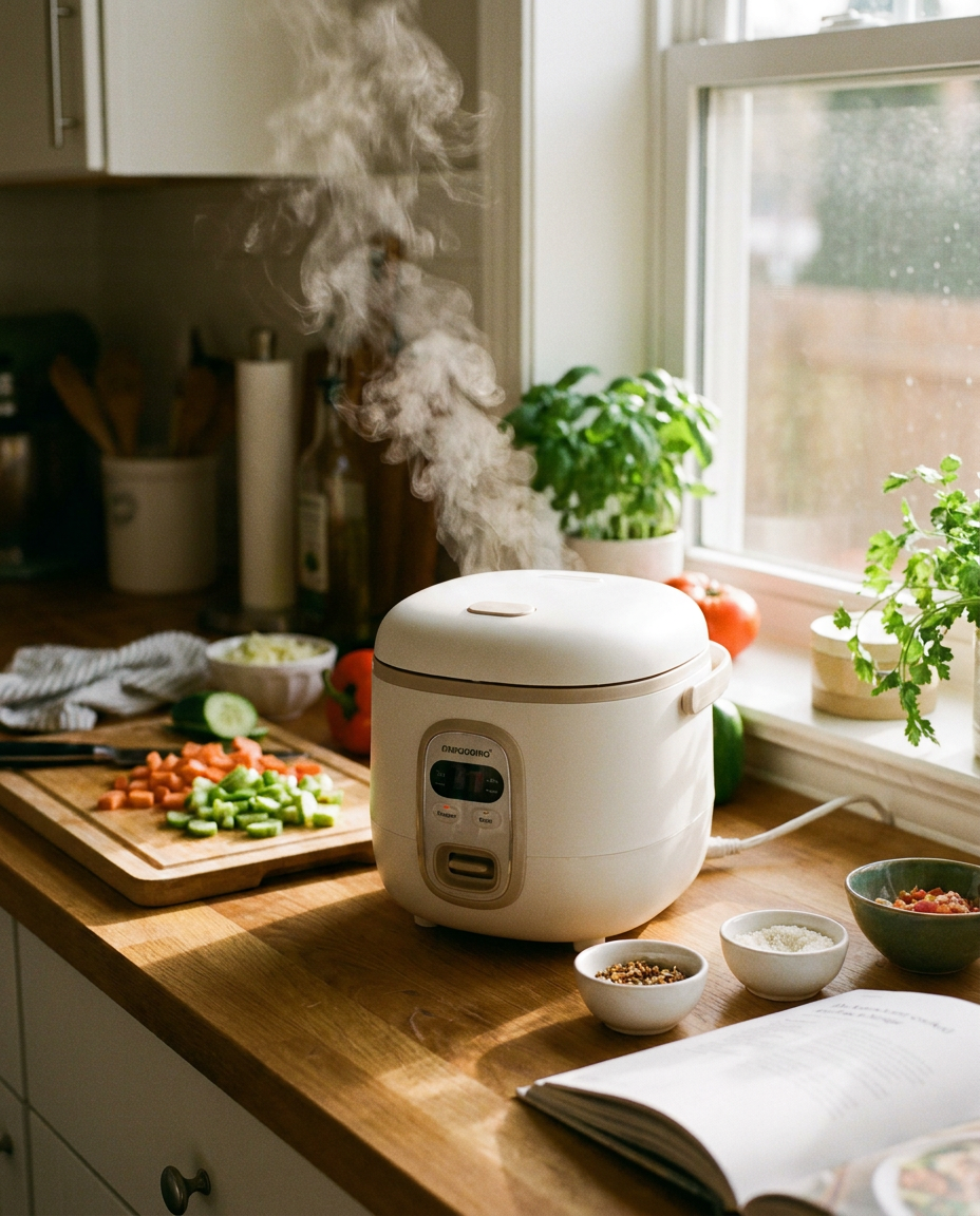 Mini Rice Cooker steaming rice on a kitchen counter