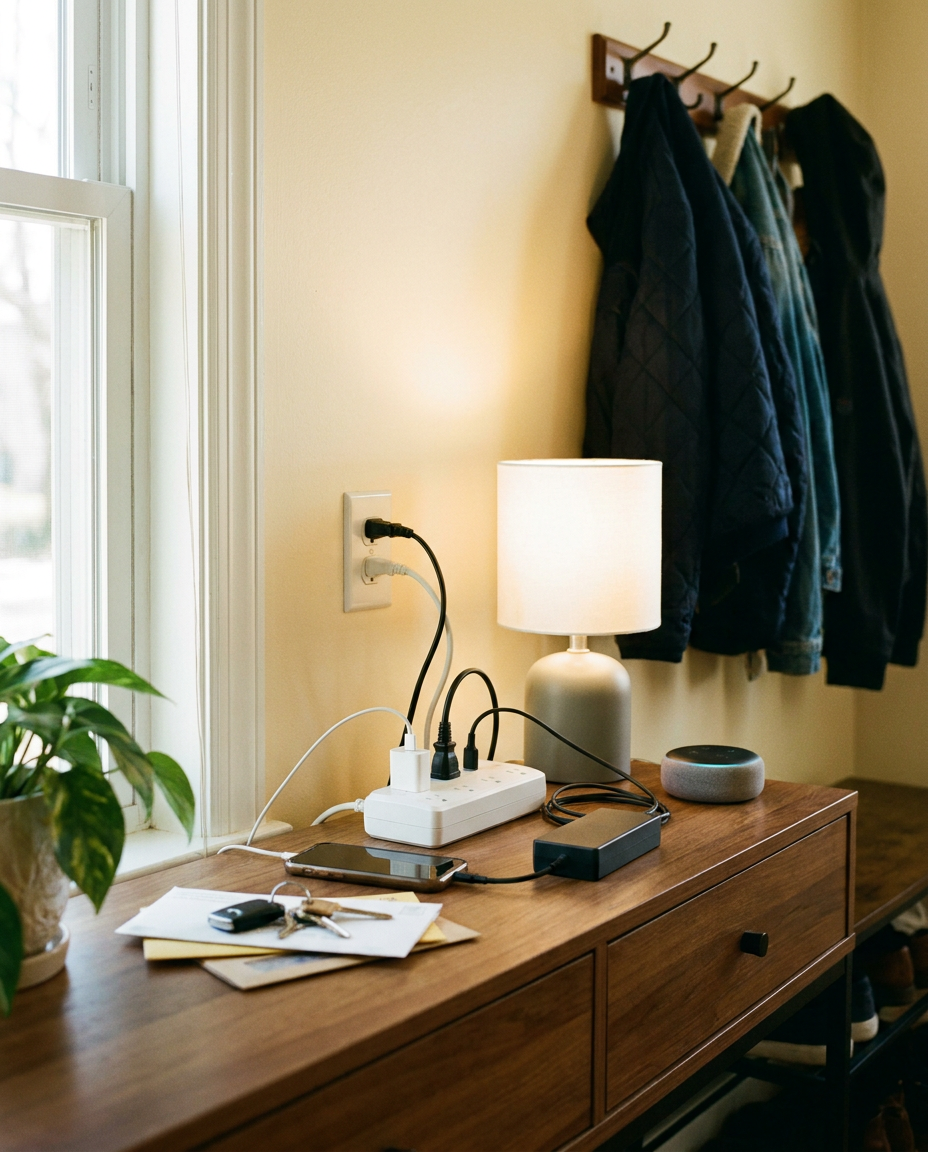 Multi Port Electrical Outlet Extender plugged in with devices connected
