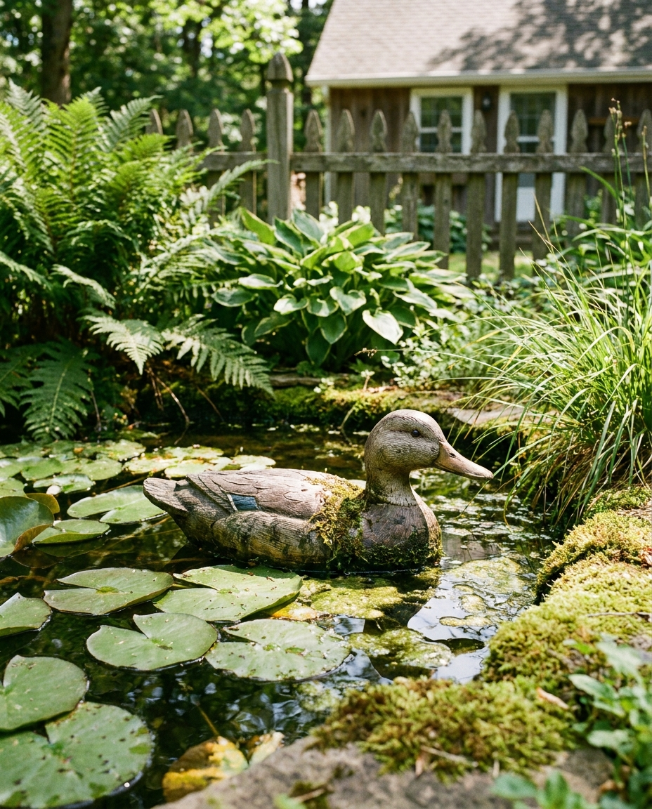Outdoor Duck Decoration in a backyard garden pond