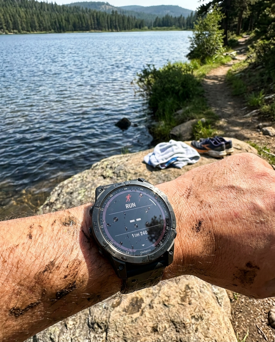 Waterproof Sports Watch worn outdoors near a lake