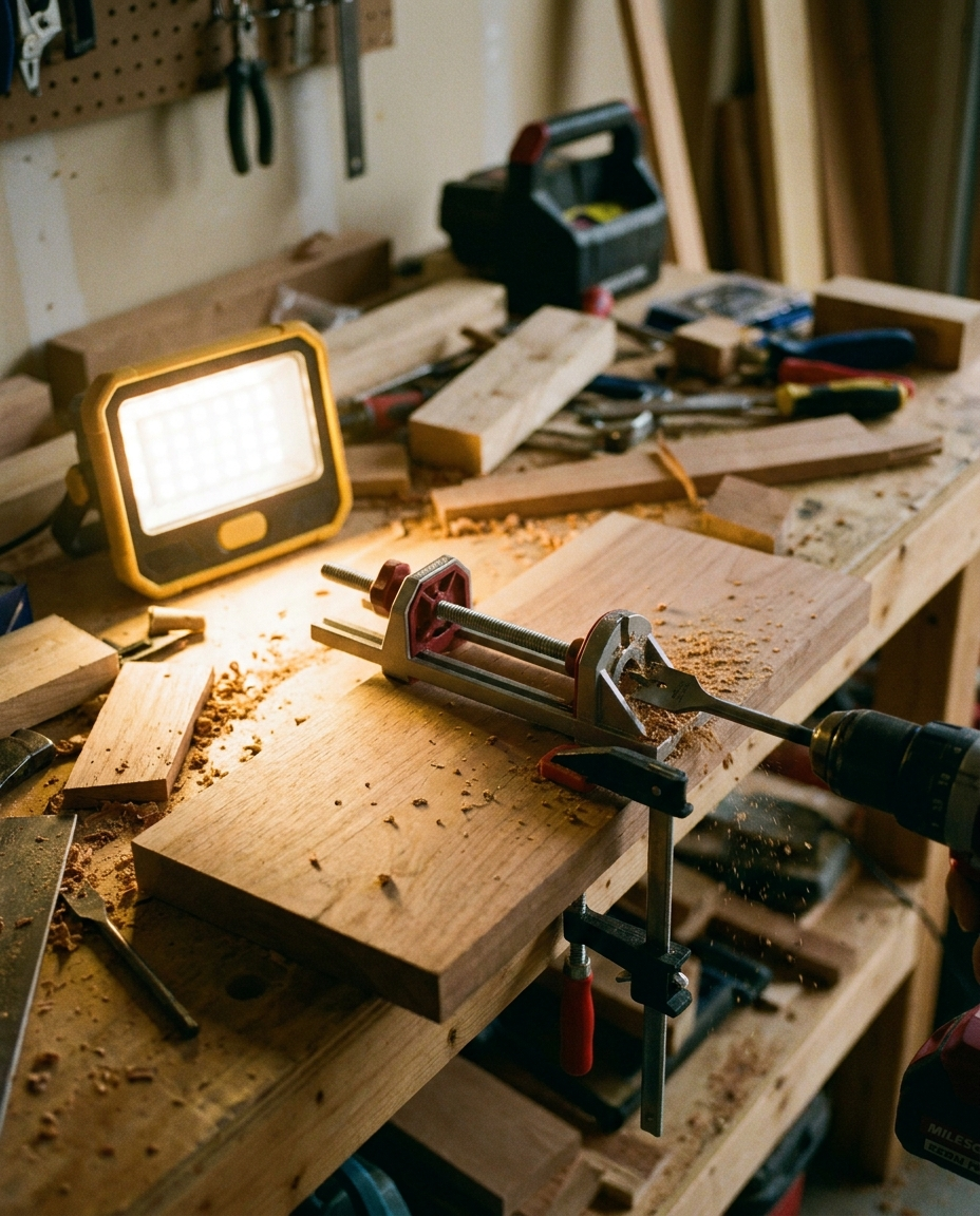 Woodworking Angle Drill Guide Tool in use in a home garage workshop