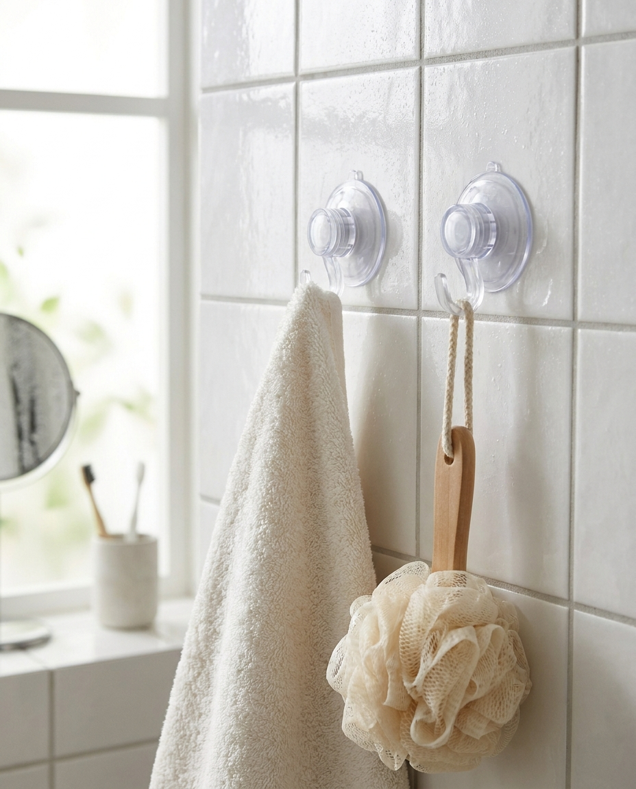 Suction Cup Hooks mounted on a bathroom wall holding a towel