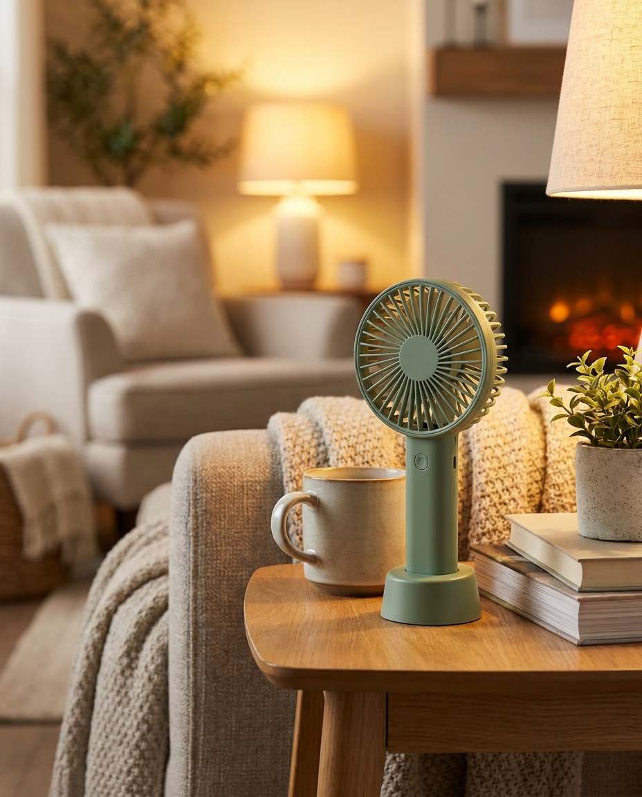Handheld Rechargeable Fan in a cozy living space