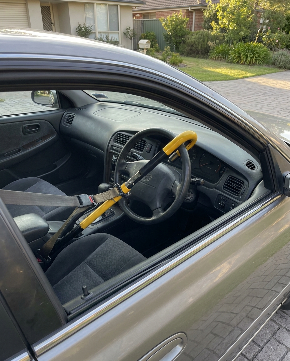 Universal Car Steering Wheel Lock installed on a parked car's steering wheel