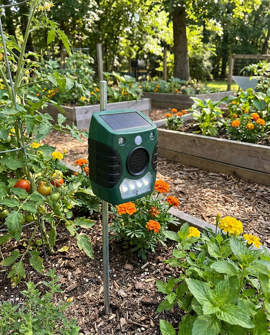Solar Bird Repeller staked in a home garden bed