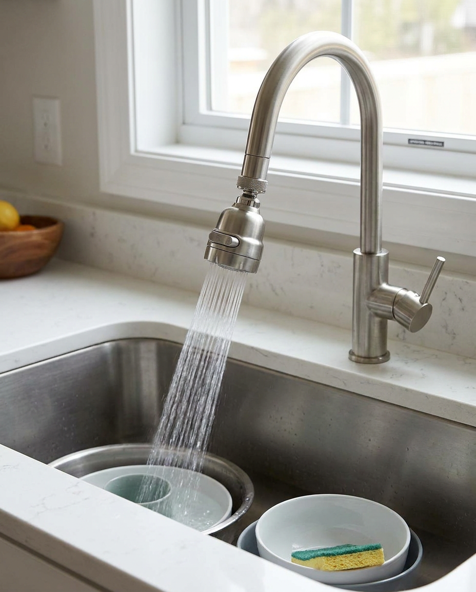 1080 Rotating Universal Faucet Extender installed on a kitchen faucet