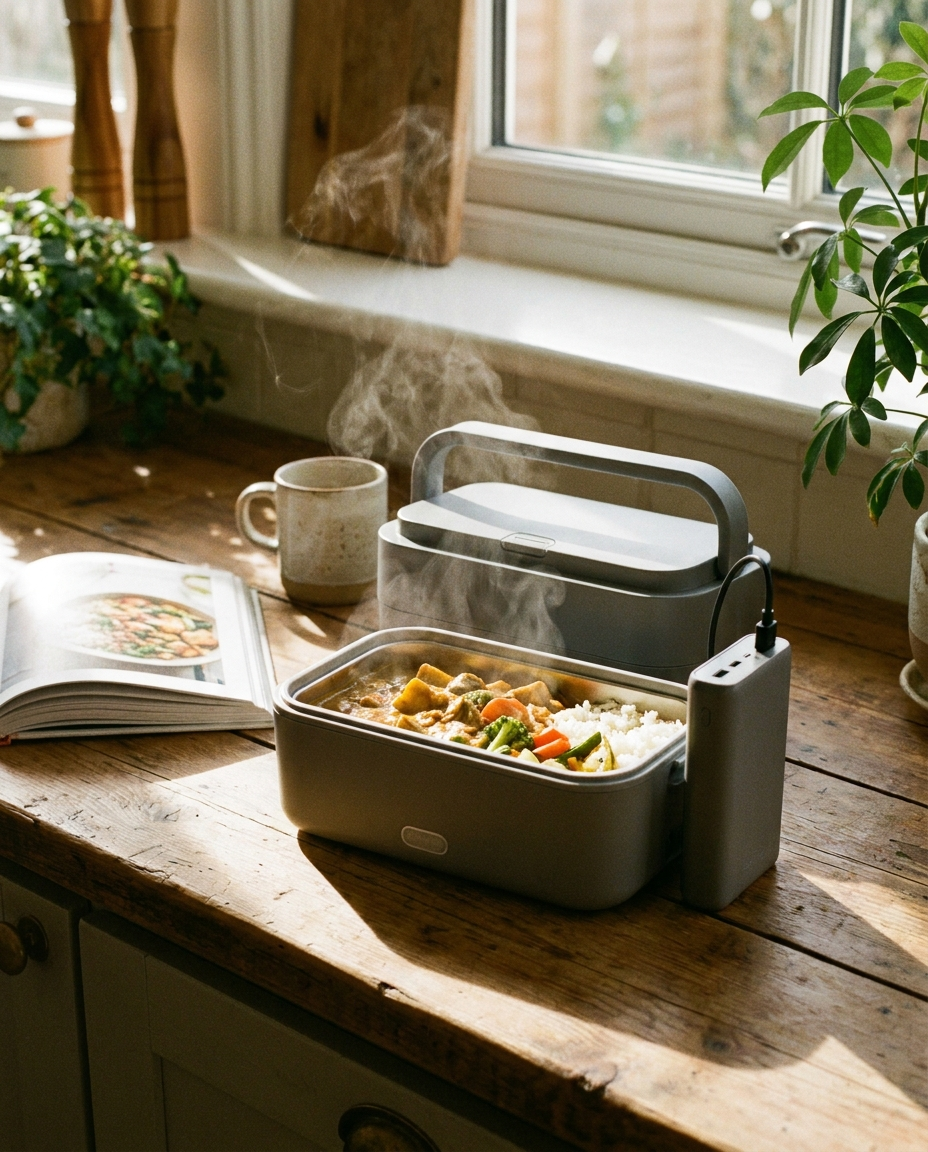 Wireless Heated Lunch Box warming food on a kitchen counter