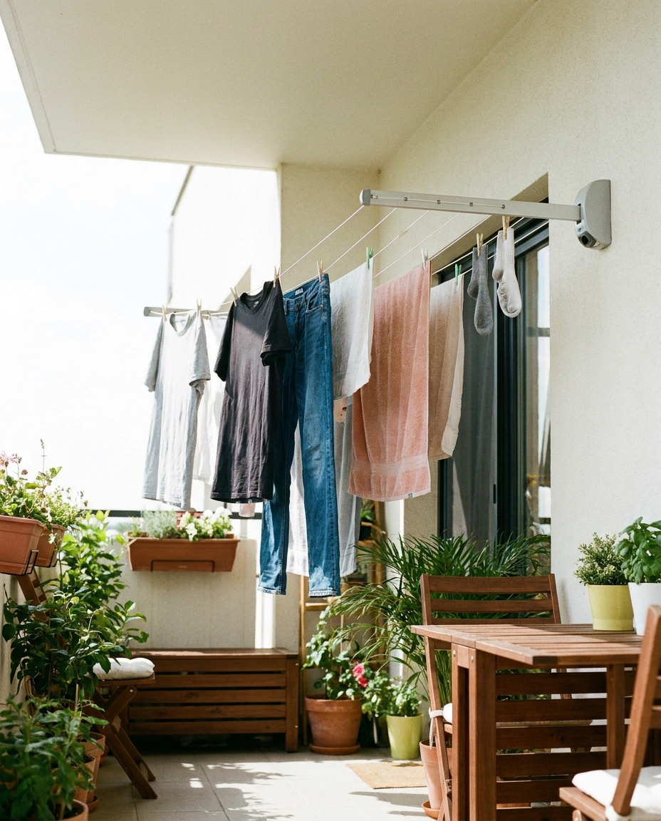Space-Saving Retractable Clothesline on an outdoor balcony