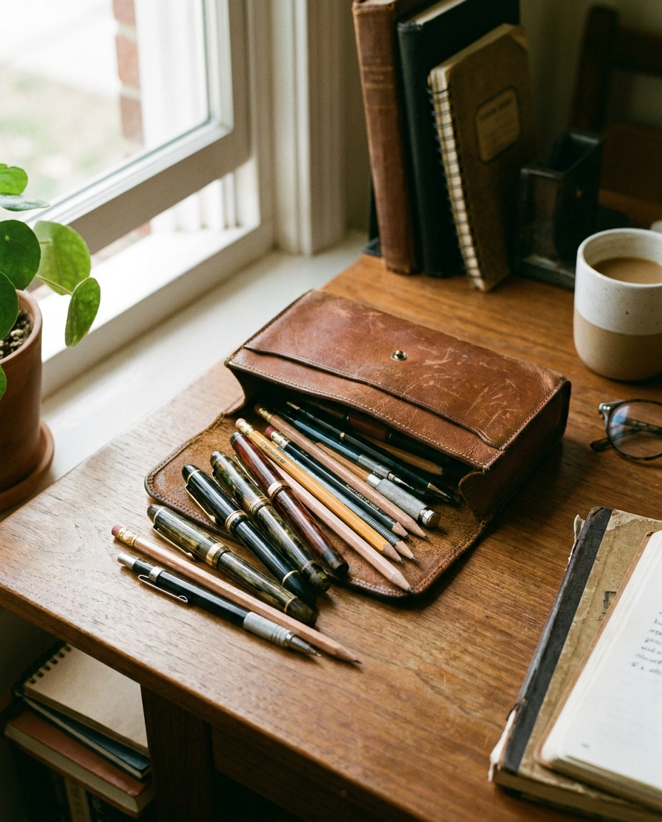 Vintage Leather Pencil Case open on a home desk