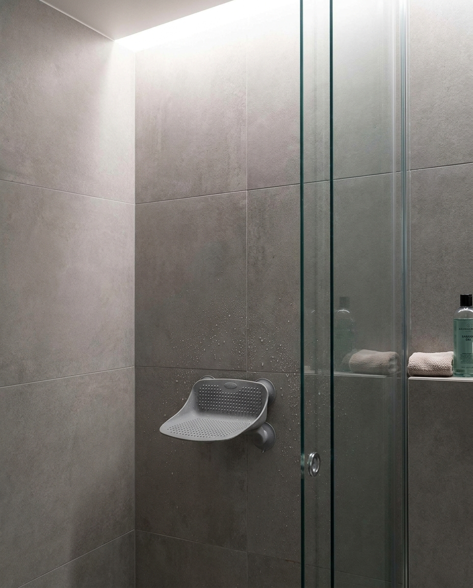 No-Slip Shower Foot Rest mounted on a shower wall