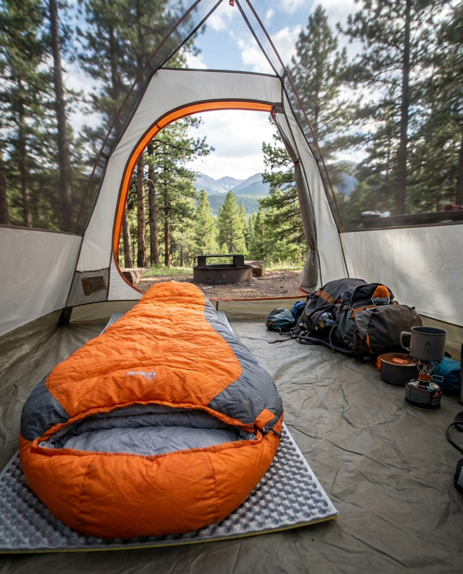 Ultra-Lightweight Outdoor Sleeping Bag at a campsite