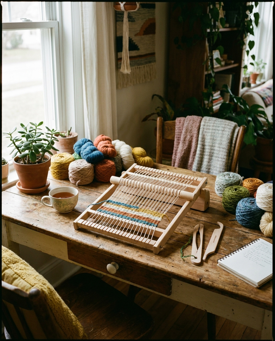 Weaving tool set in use on a home craft table