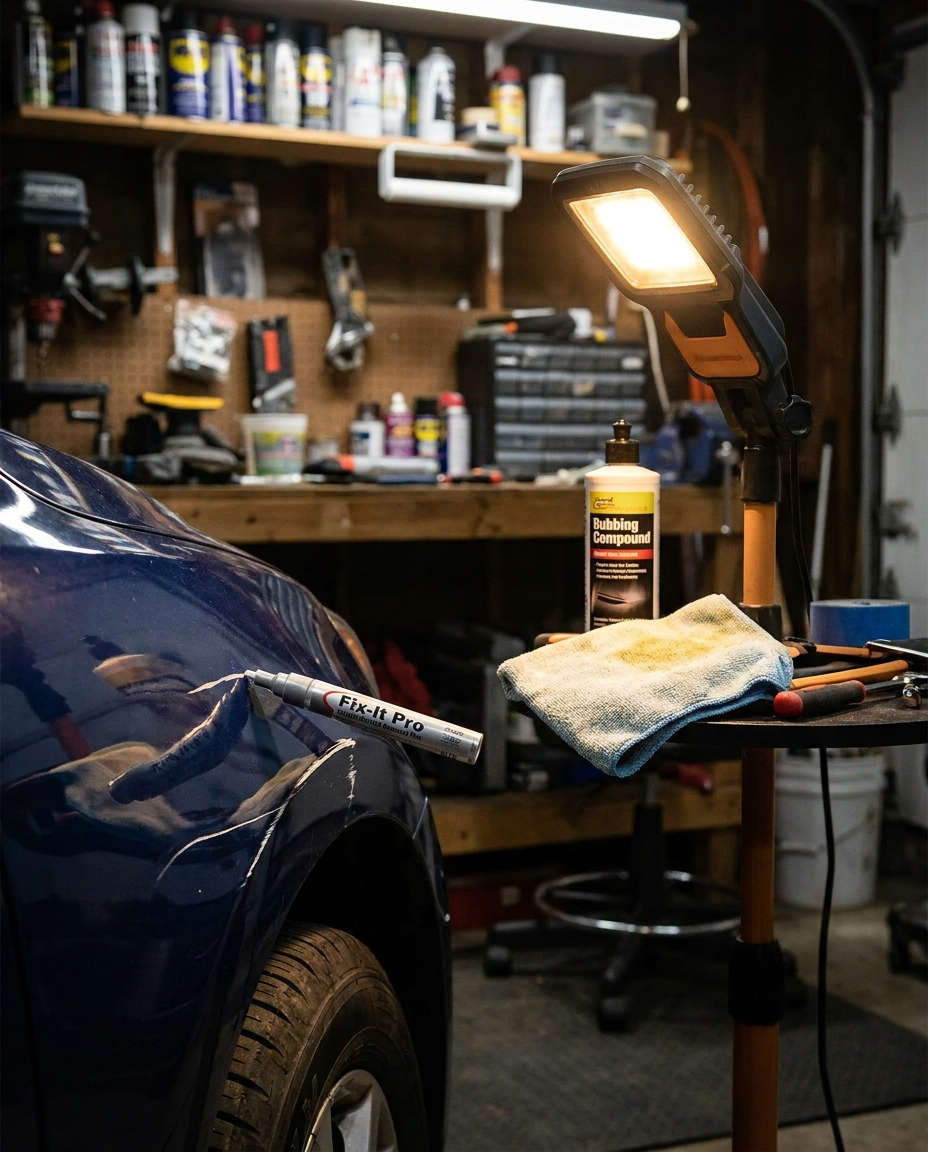 Instant Scratch Removal Pen fixing a car scratch in a garage workshop
