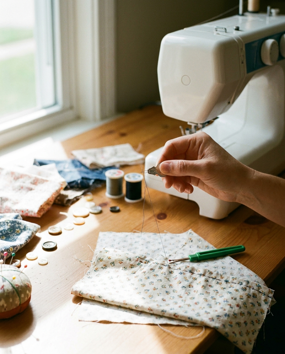 Needle Threader and Seam Ripper Tool on a home sewing table