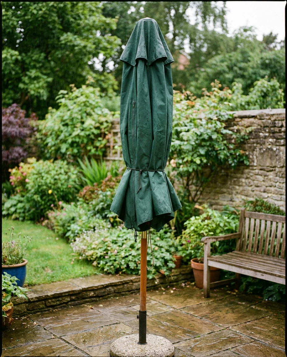 Waterproof Outdoor Parasol Cover fitted over a patio umbrella