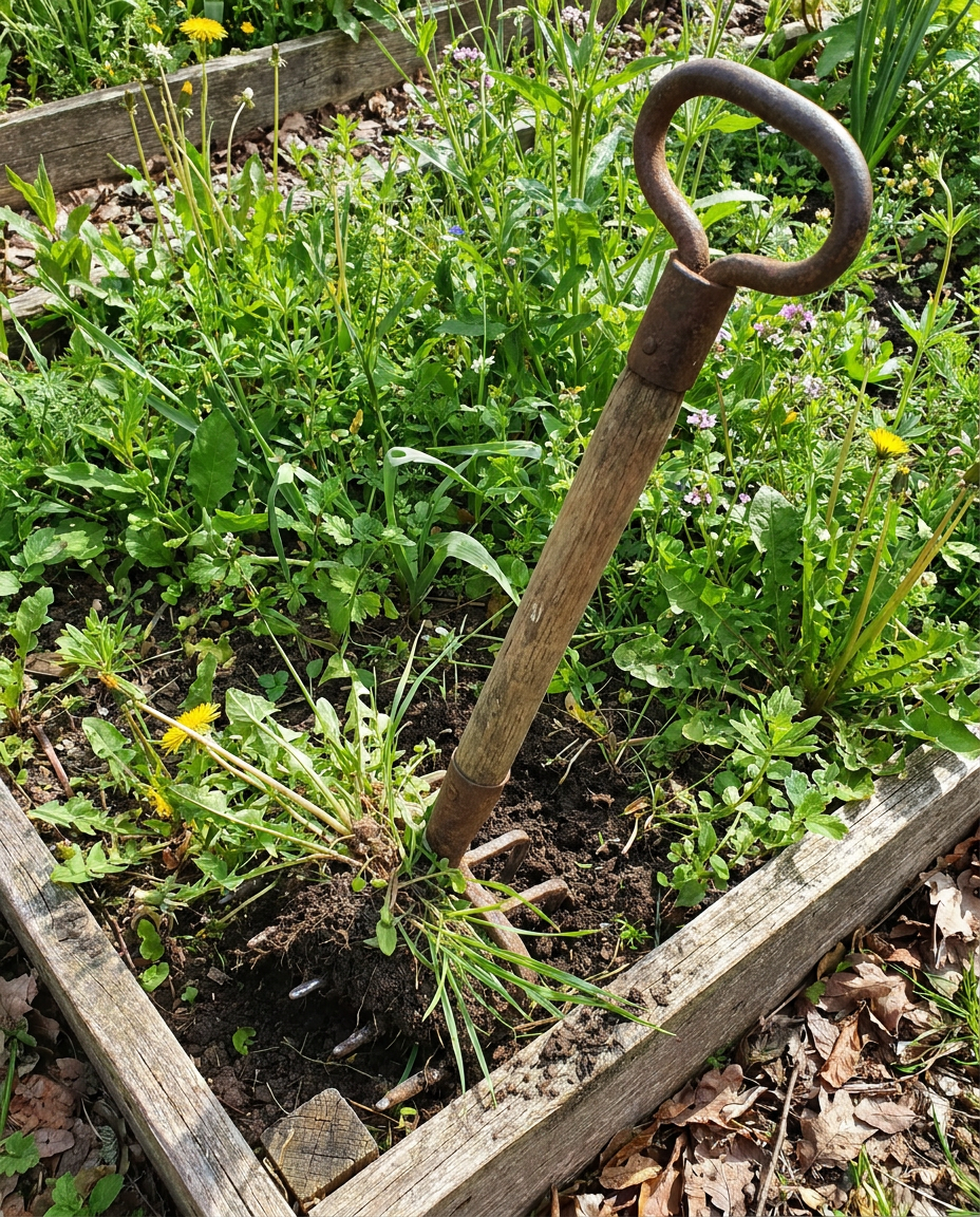 Portable Weeder Tool in use in a home garden bed