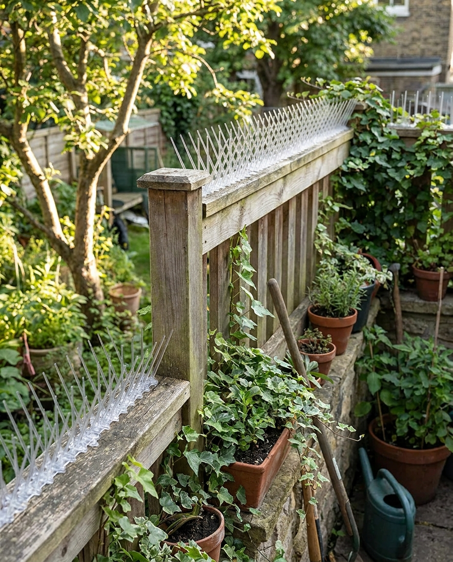 Plastic Bird Repeller Control Spikes installed in a backyard garden
